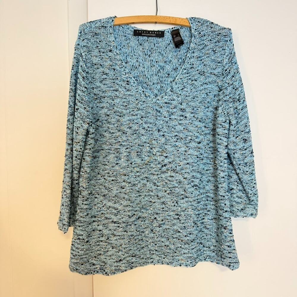 Crazy Horse Collection Womens L Blue Marled V Neck Knit Sweater 3/4 Sleeve
